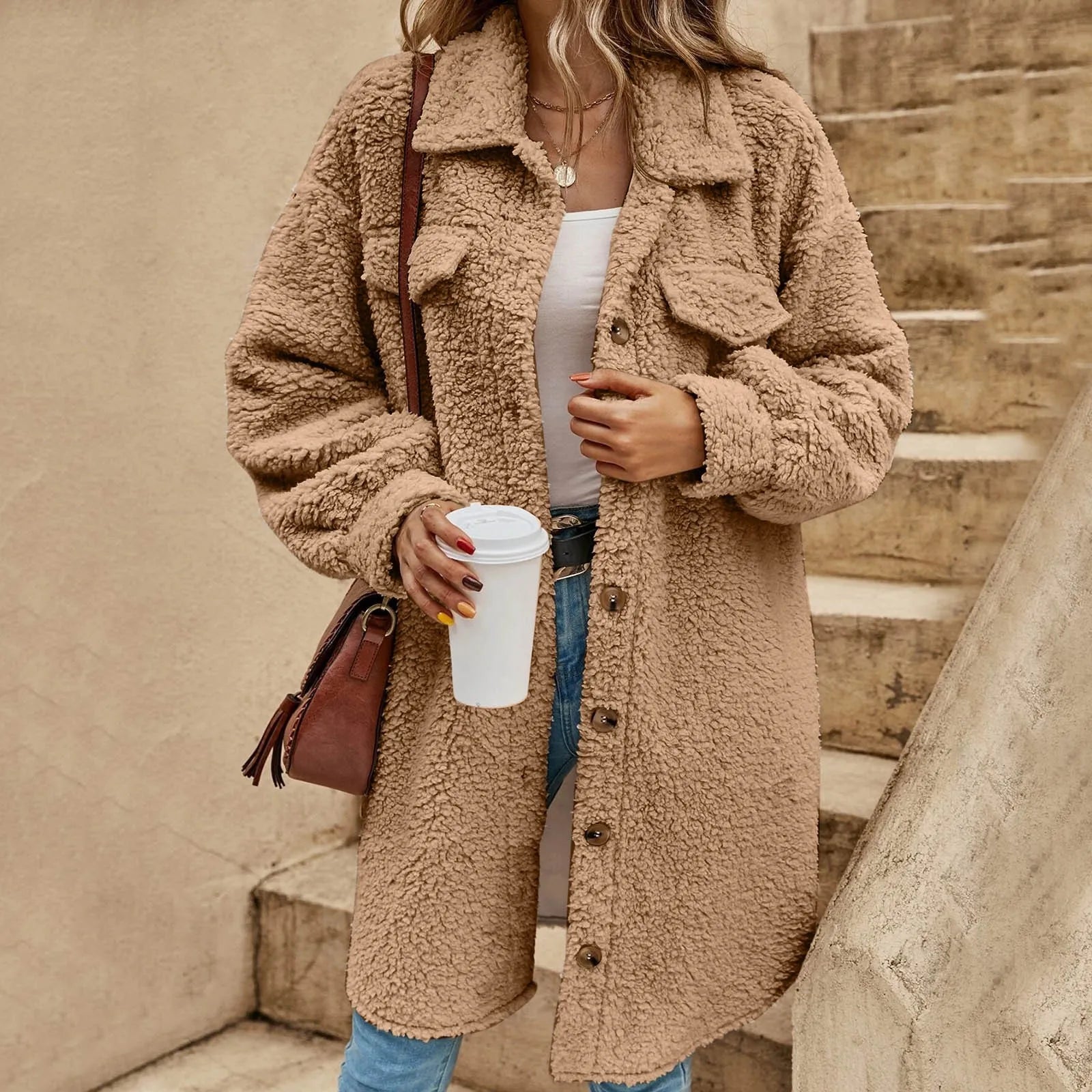 Manteau Long en Peluche avec Fermeture à Boutons Coupe Slim Femmemme