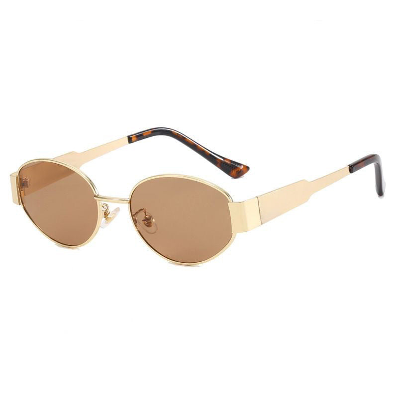 Women's vintage sunglasses in brown and gold metal frame, full-frame design, side or front view