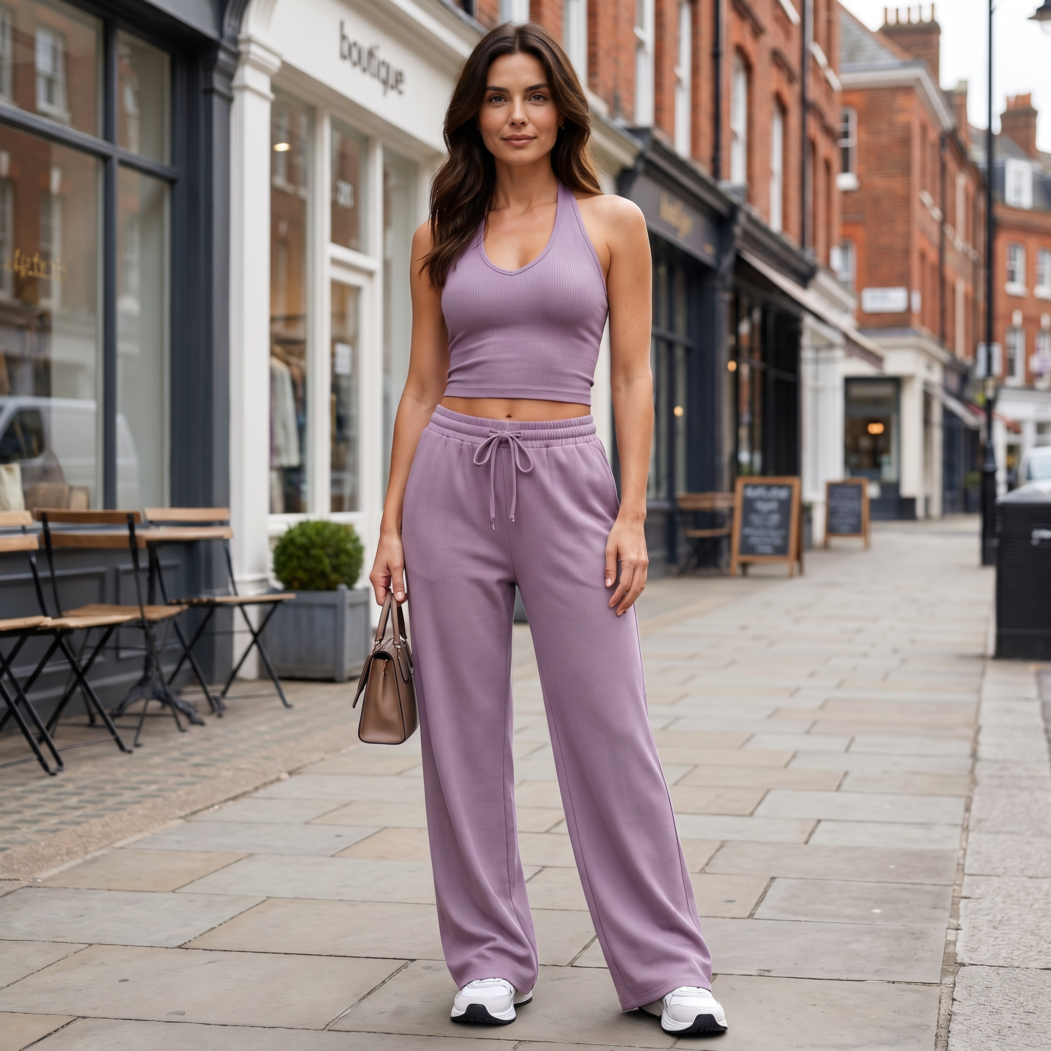  Women's purple wide-leg sweatsuit set with sleeveless top and wide-leg trousers