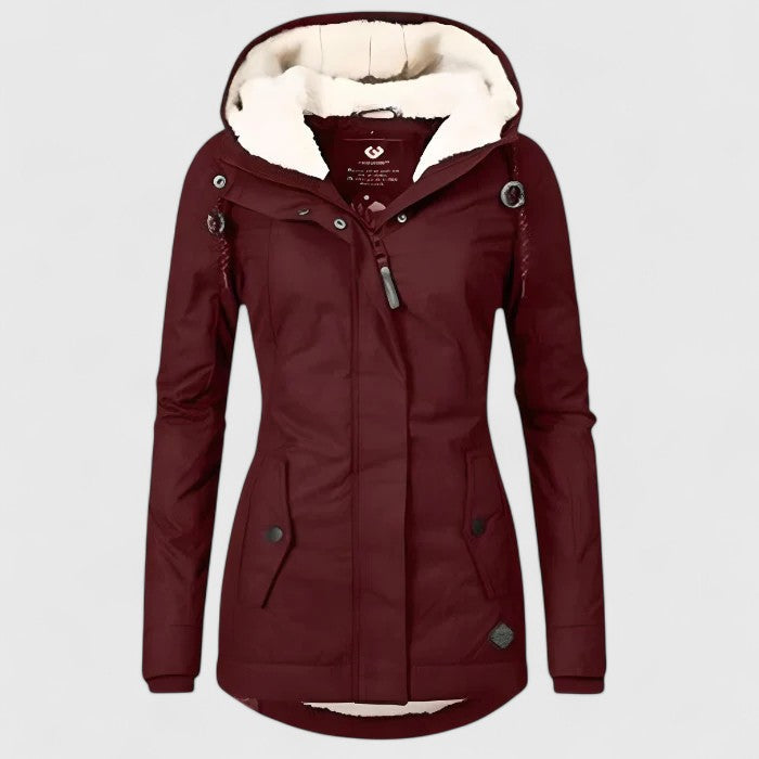 Fitted parka jacket profile view for women
