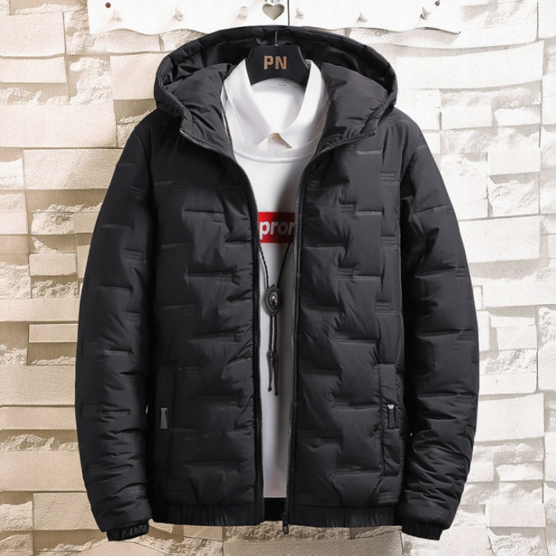 Water-resistant puffer jacket with hood and zip fastening
