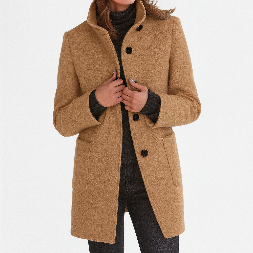 Wool blend tailored jacket with classic silhouette and structured shoulders for women

