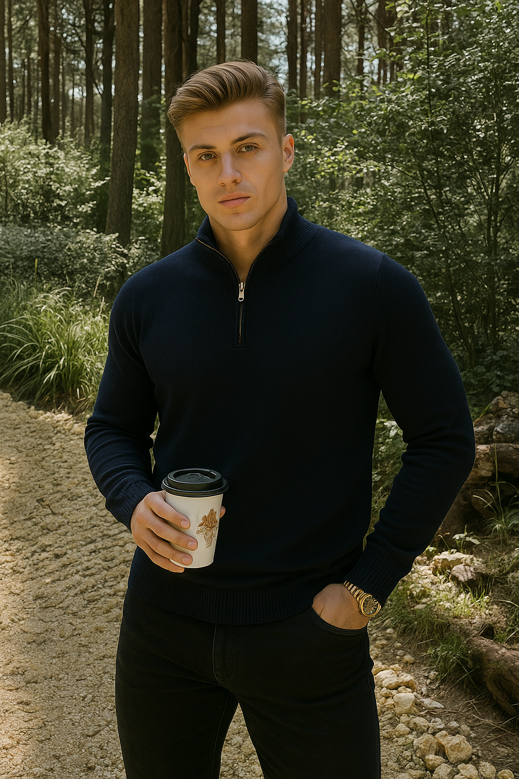 Wool blend knit sweater with stand-up collar shown from side angle in slim fit for men