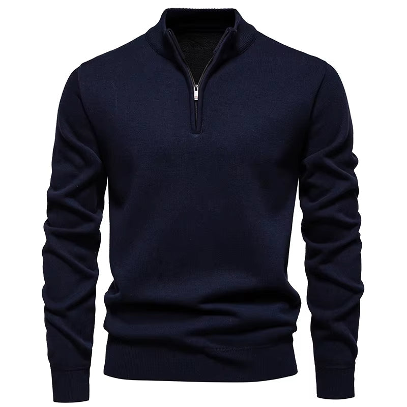 Wool blend knit sweater with half-zip fastening and ribbed cuffs in slim fit for men