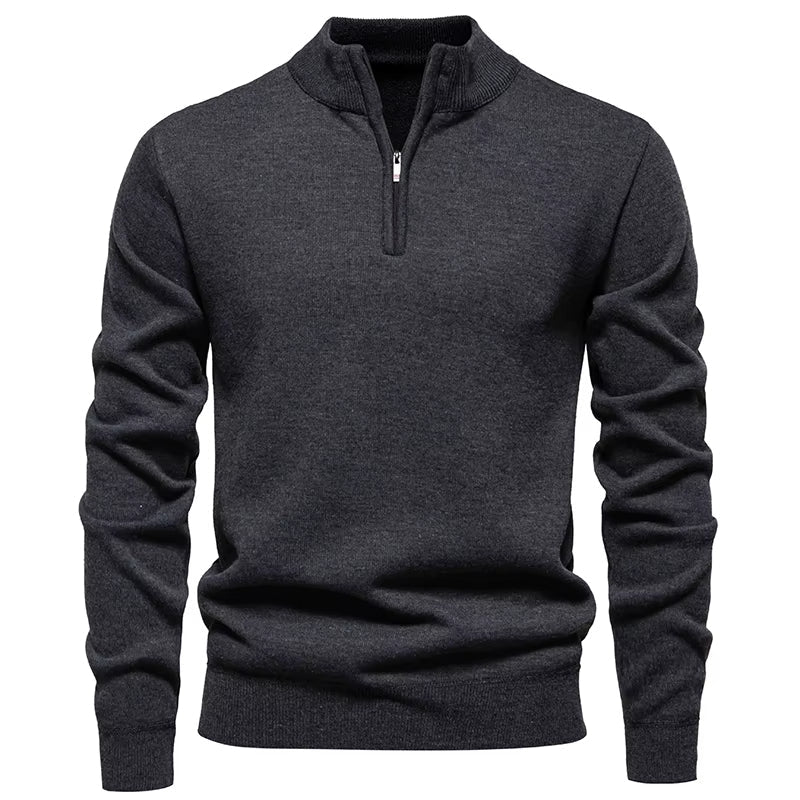 Wool blend knit sweater with half-zip fastening and ribbed cuffs in slim fit for men