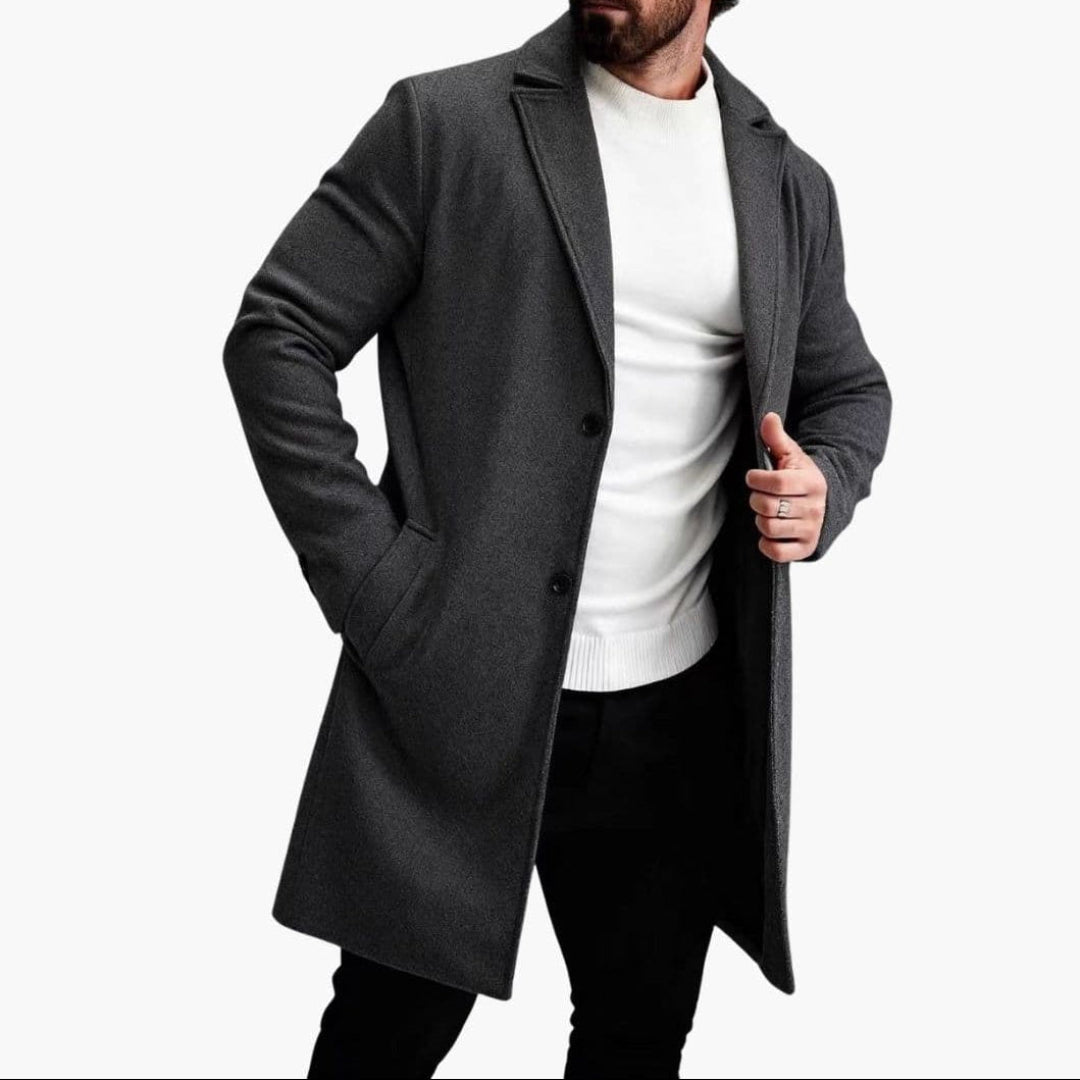 Wool coat with straight cut shown from front
