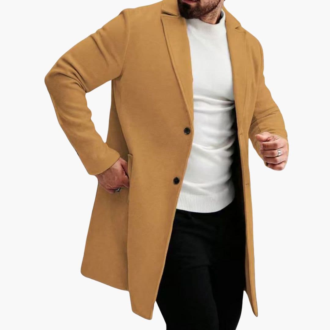 Rear perspective of structured wool overcoat
