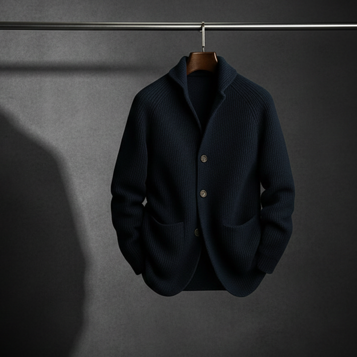 Men's knitwear with draped shawl collar and relaxed fit
