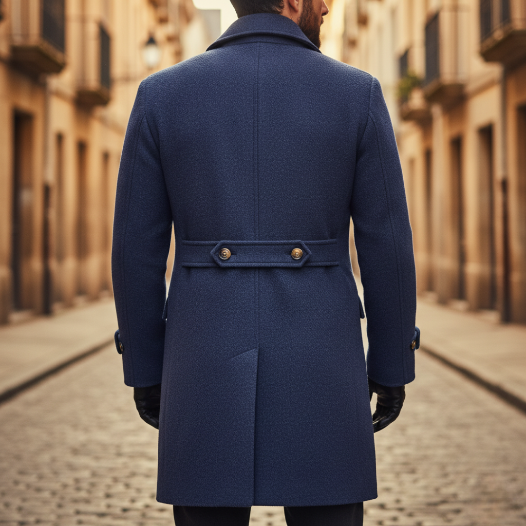 Wool overcoat with double breasted fastening and knee length cut for men
