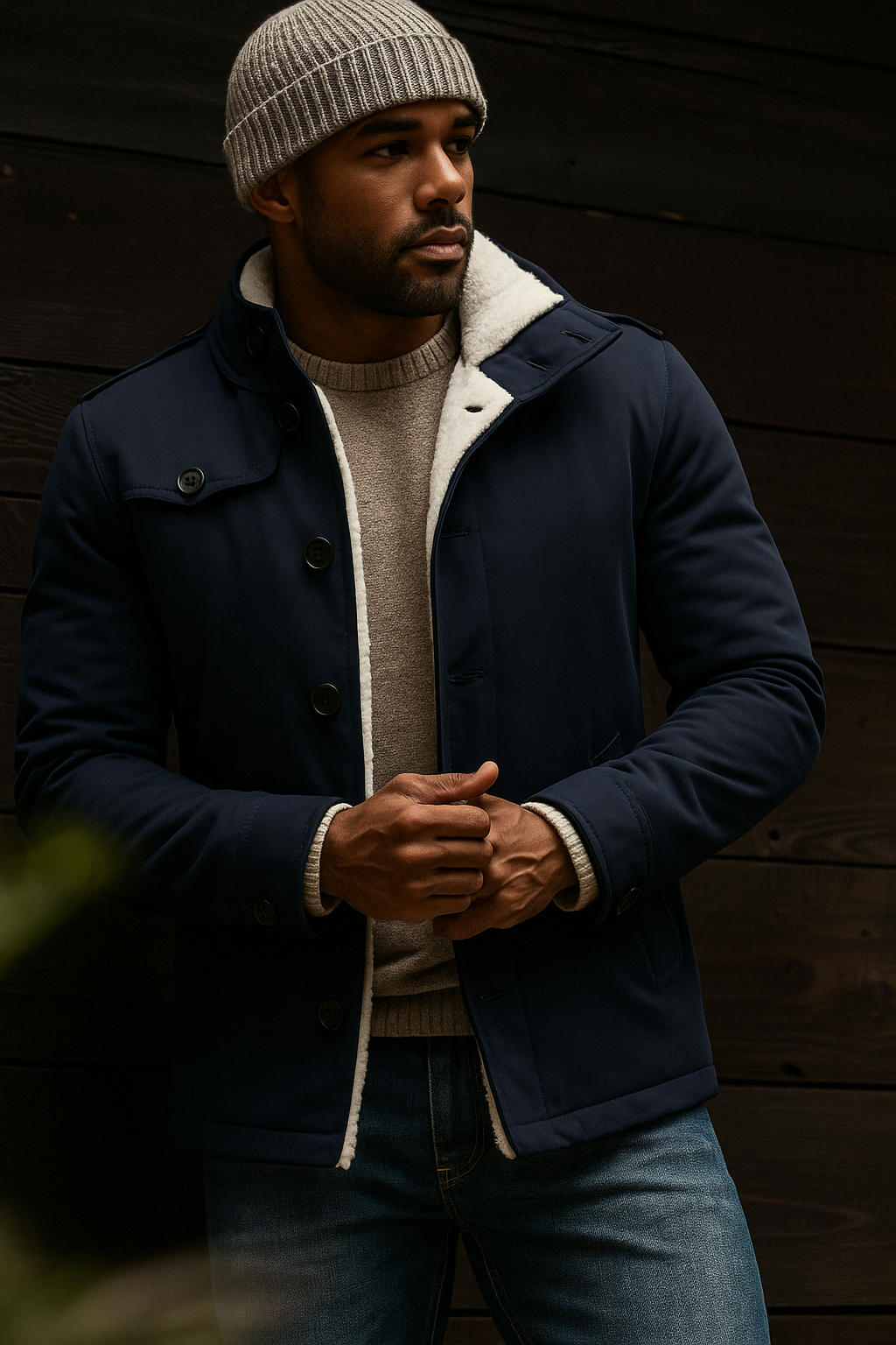 Wool jacket featuring classic collar and slim-fit construction for men
