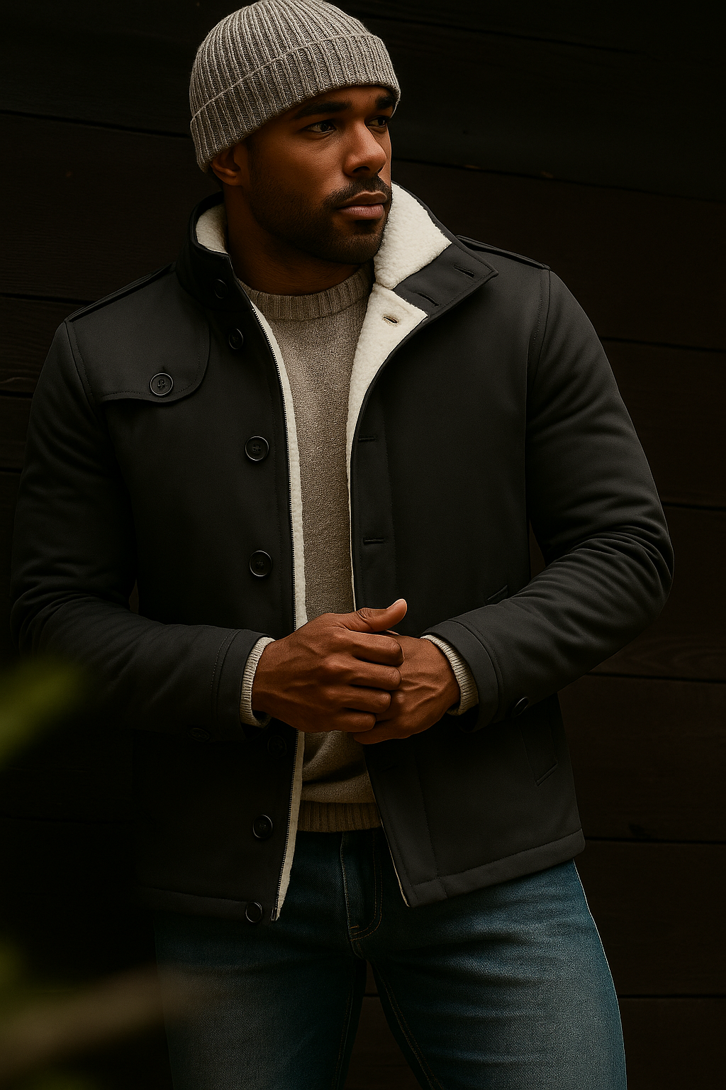 Wool winter jacket with structured collar and fitted design for men
