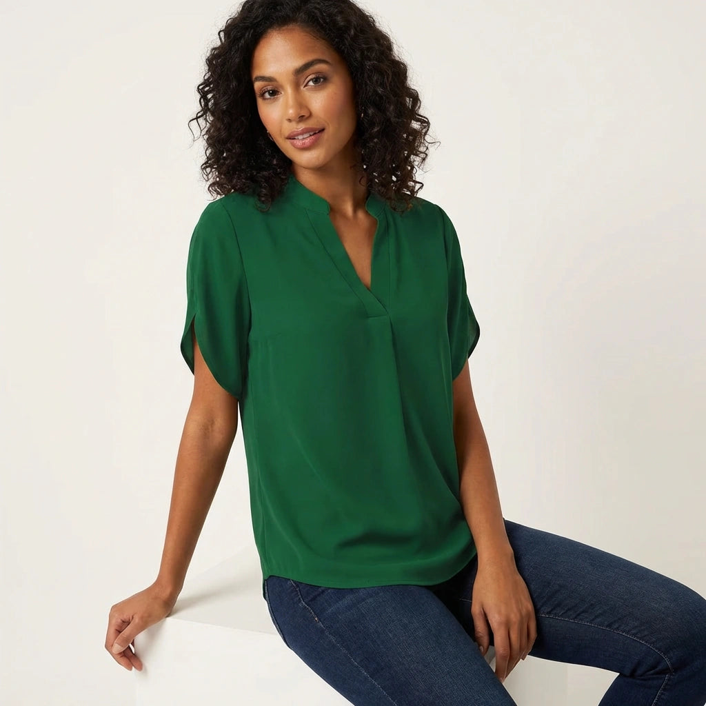 Women's short sleeve blouse showcasing the neckline detail