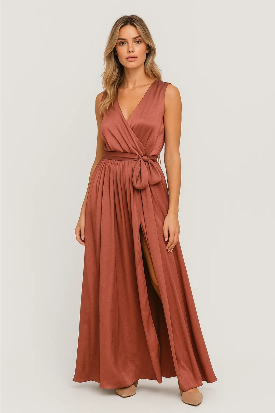 Front view of sleeveless wrap maxi dress for women