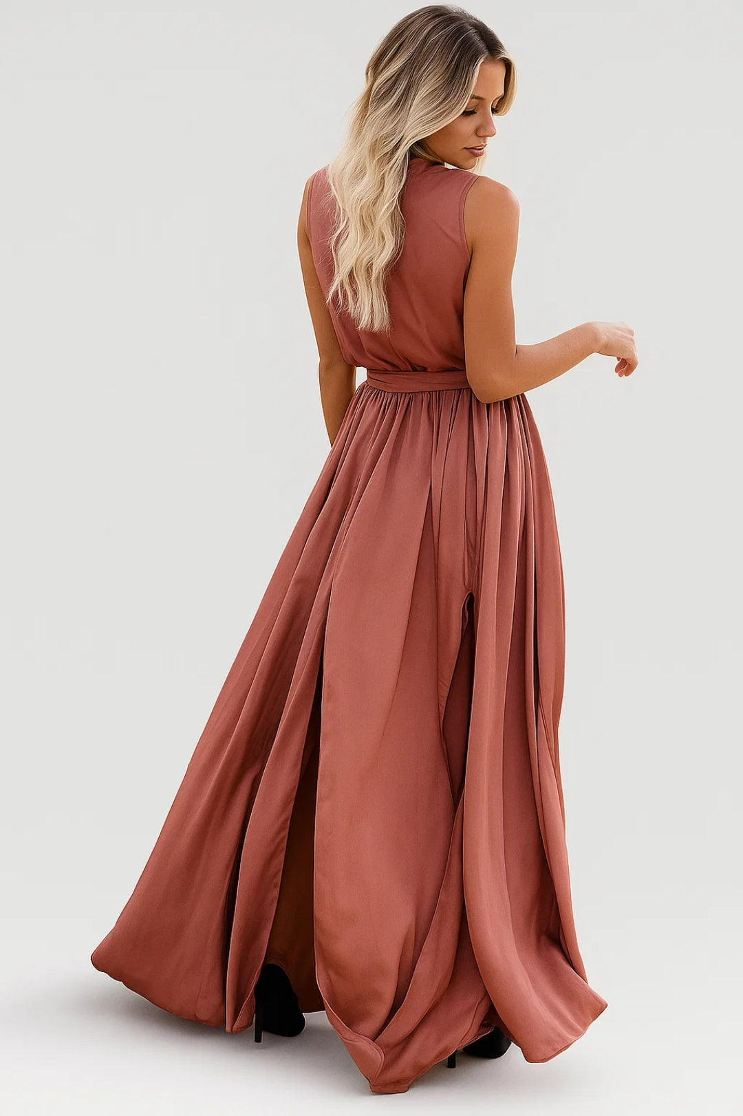 Back view of women's wrap maxi dress