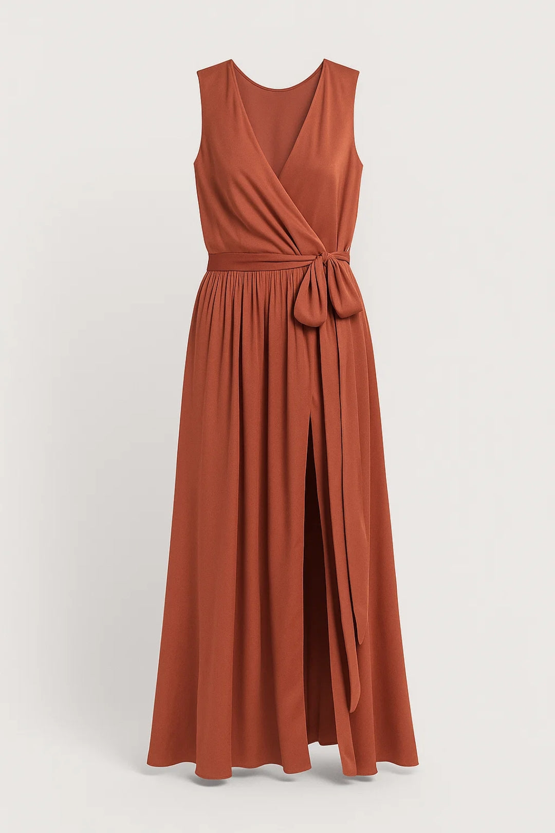 Side view of   V neckline detail on women's maxi dress