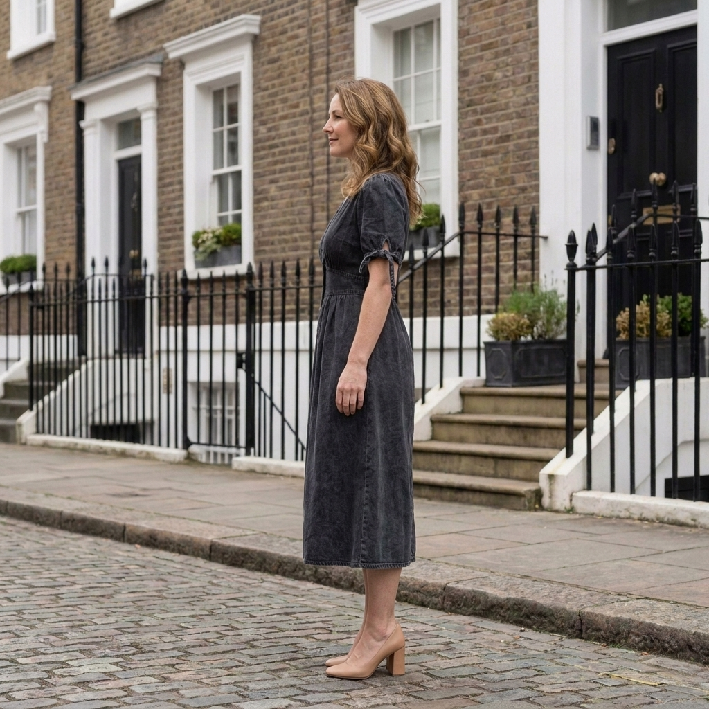 Women's button-front denim midi dress with a fitted waist and softly flared skirt silhouette