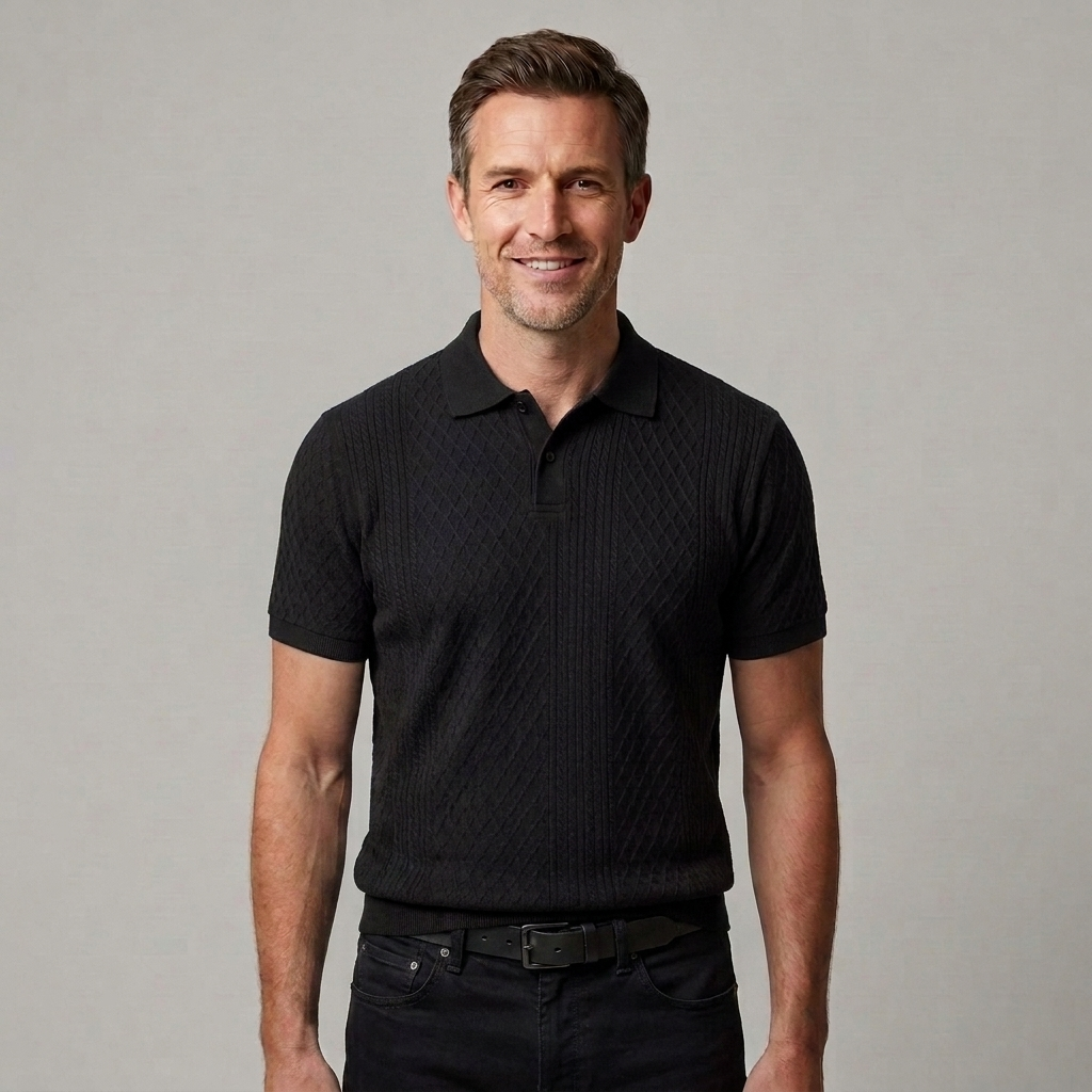 Men's fitted polo shirt with a ribbed knit finish, contrast tipped collar and tailored short sleeves