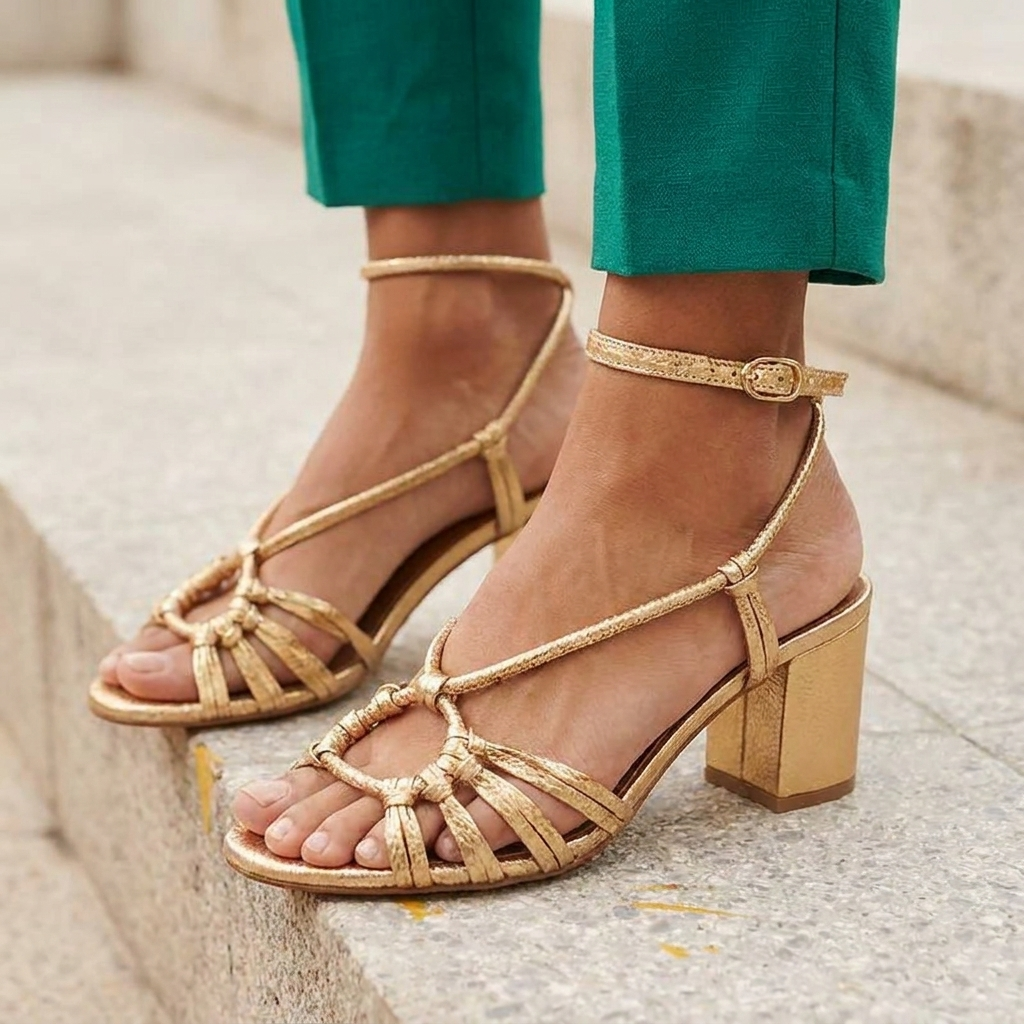 Women's suede block heel sandals featuring braided Roman-inspired straps and an open toe design