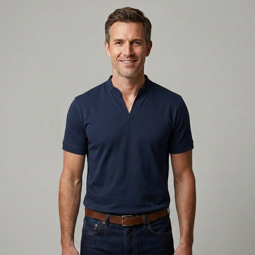 Front view of a men's short sleeve V neck T-shirt featuring an open neckline and tailored fit
