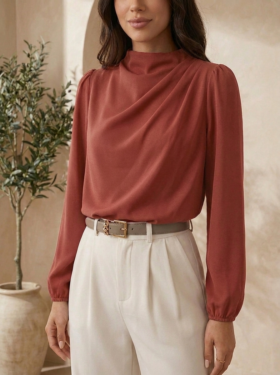 Coral mock neck blouse for women close-up view