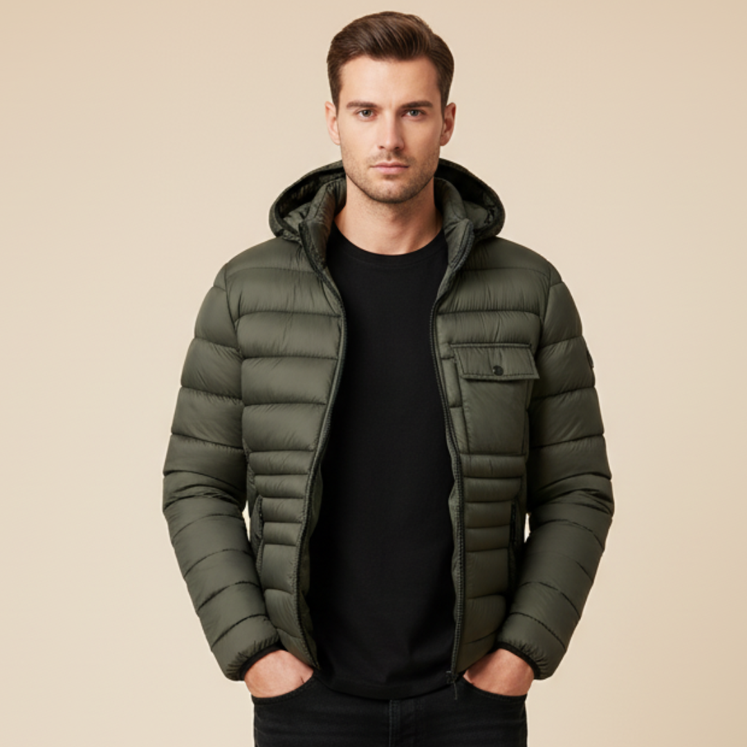 cotton blend puffer jacket with hood worn by model front view