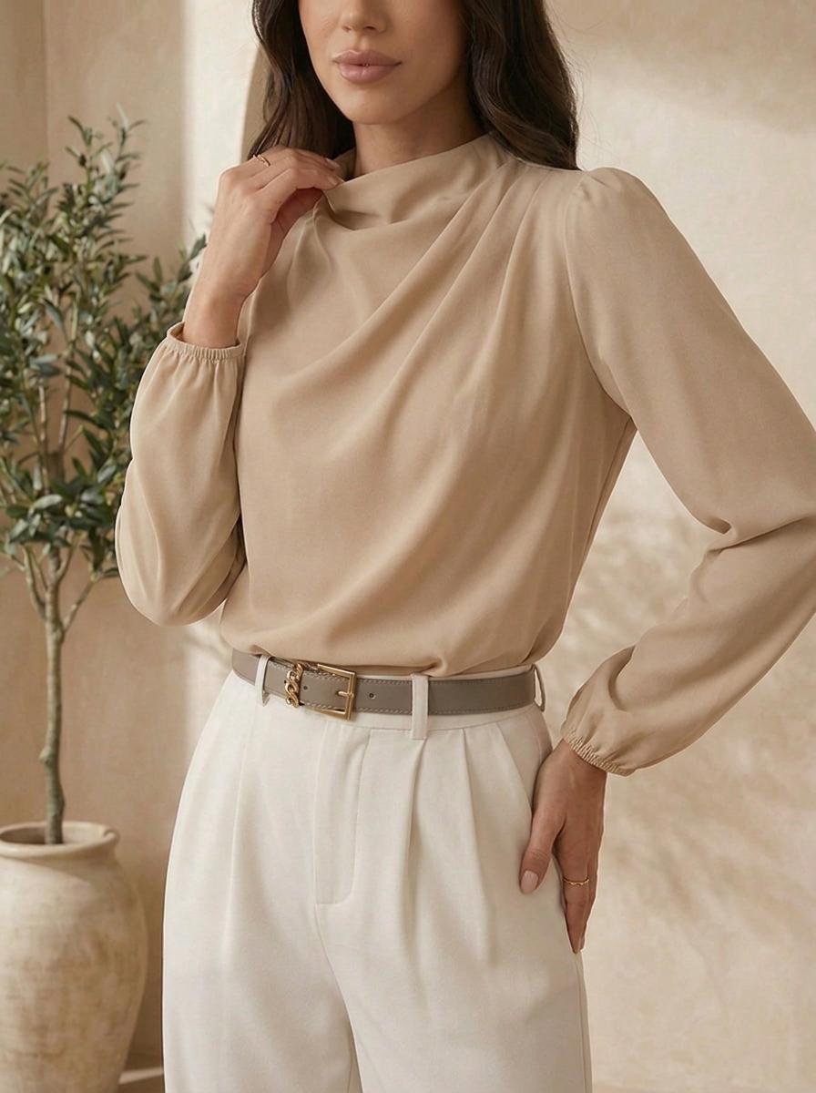 Cream mock neck blouse for women close-up view
