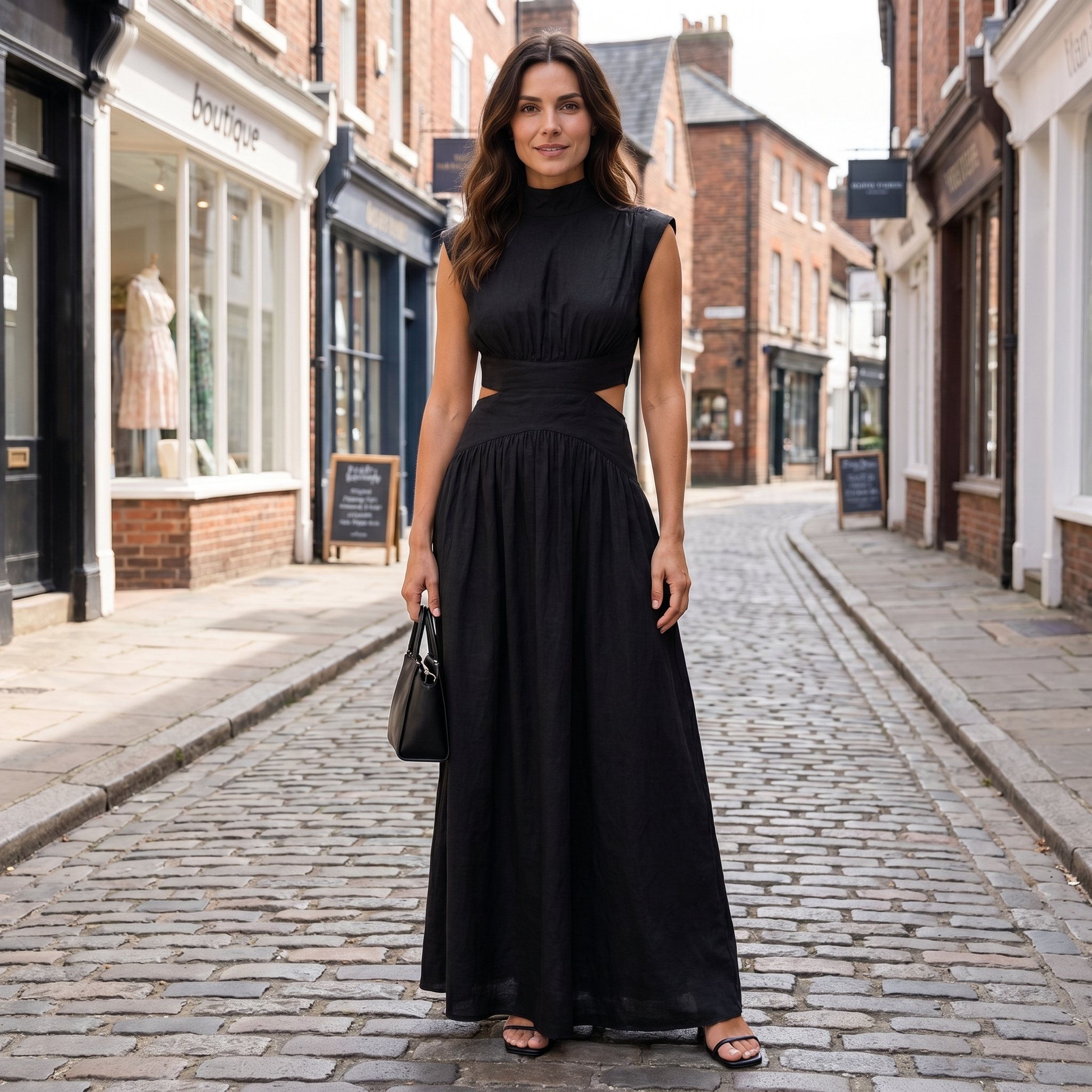 Women's black cotton mock neck cut-out maxi dress with fitted silhouette and long sleeves