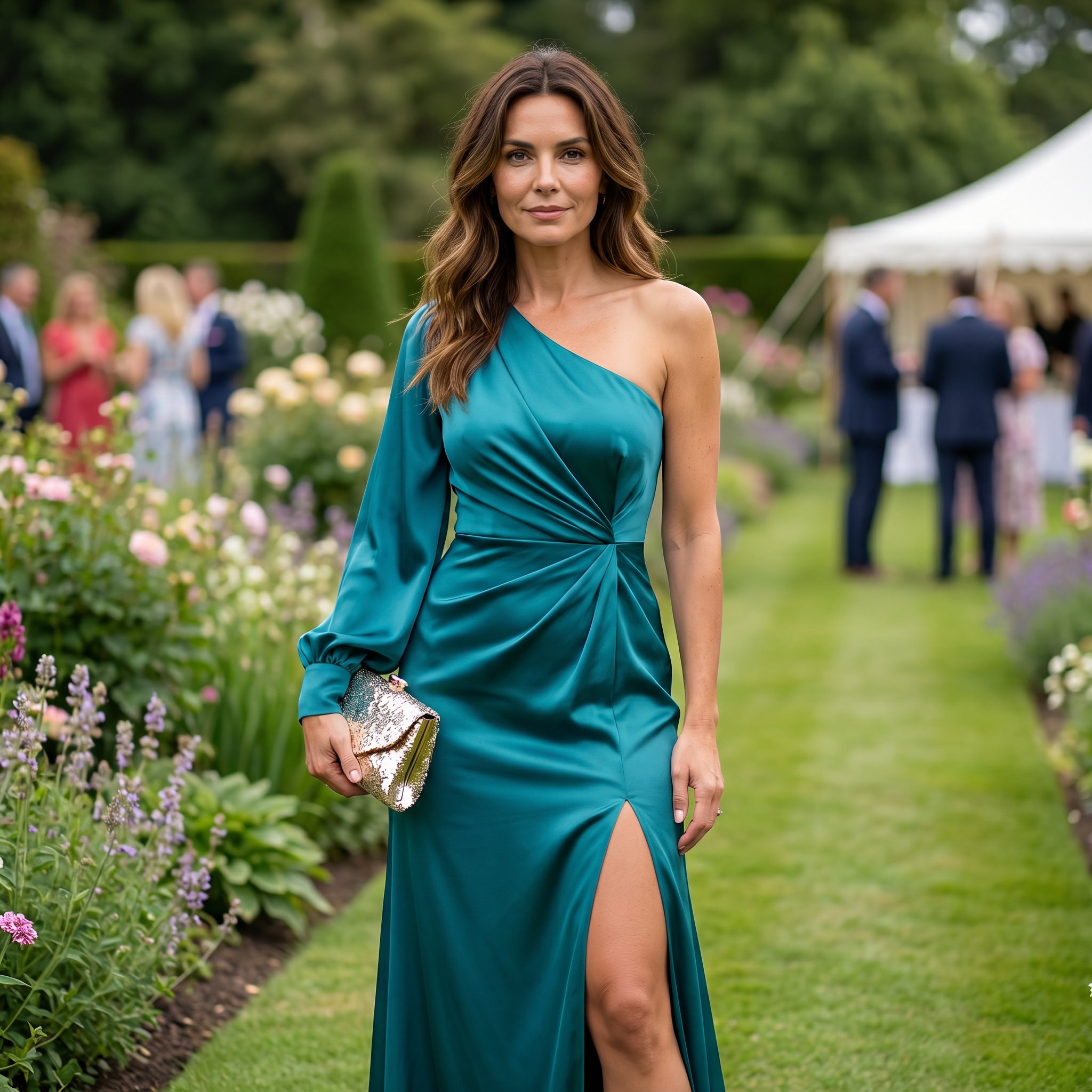 Woman in a teal dress standing in a garden with blurred people in the background