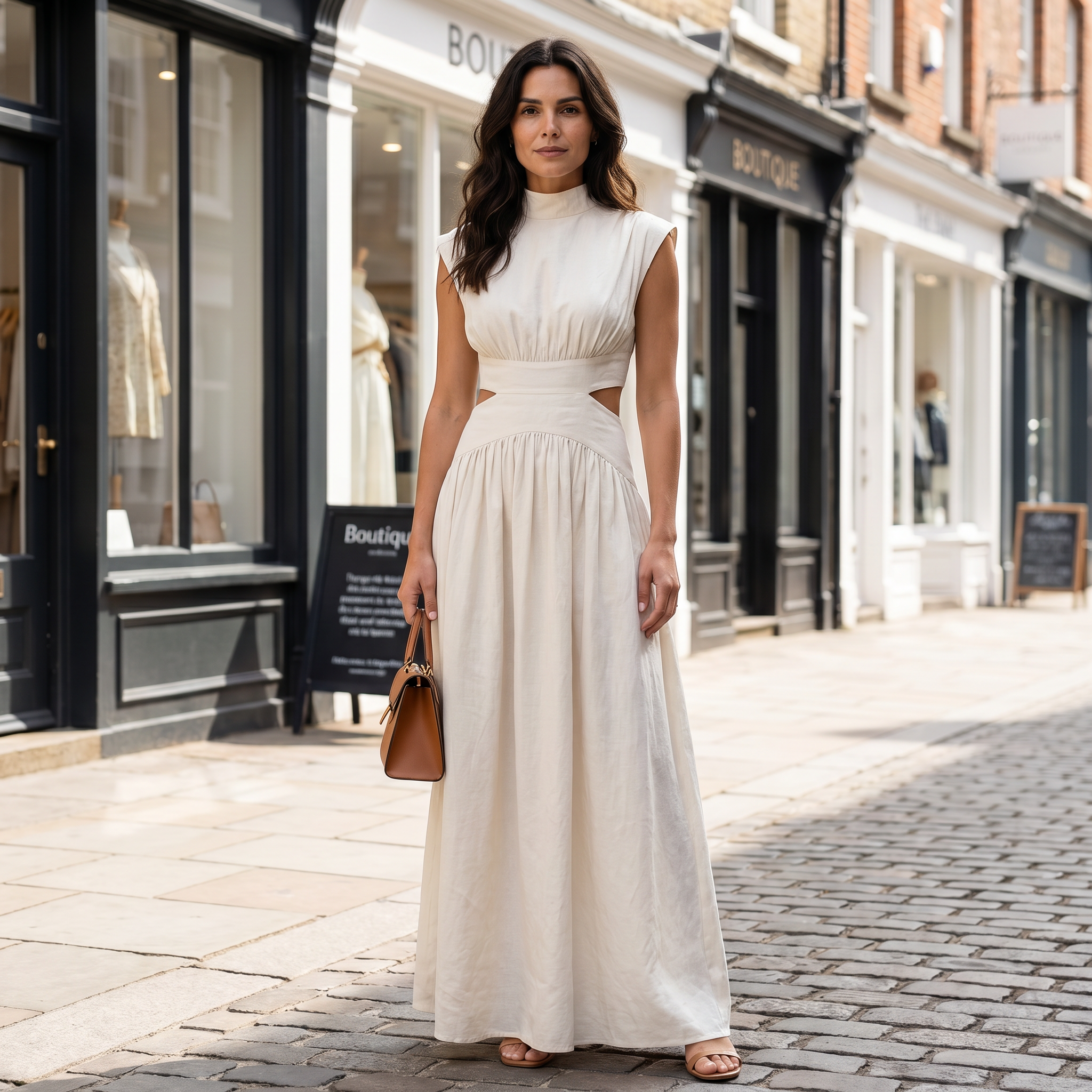Women's white cotton mock neck cut-out maxi dress with long sleeves and zipper fastening