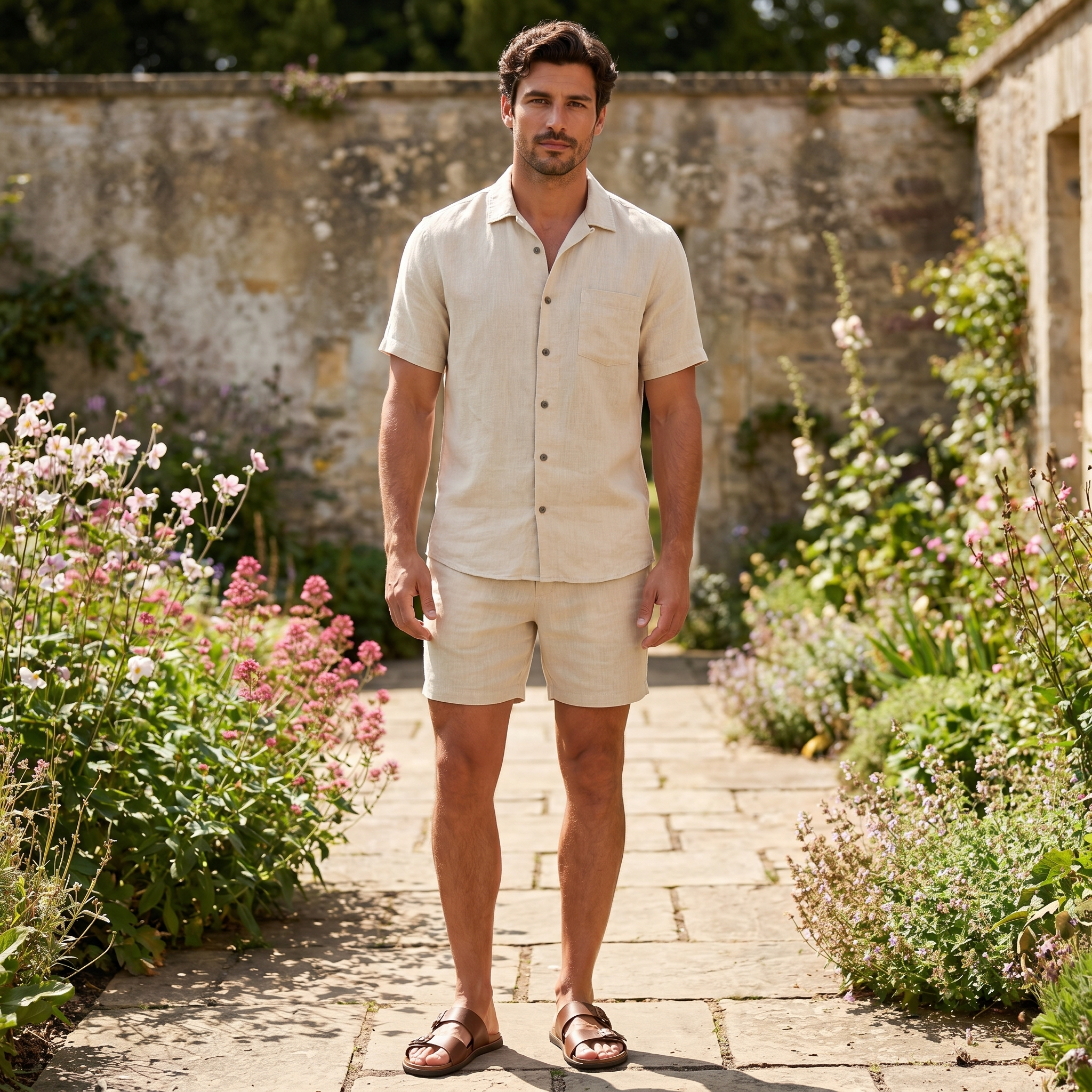 Men's casual two-piece set in beige with textured short-sleeve shirt and matching full-length trousers