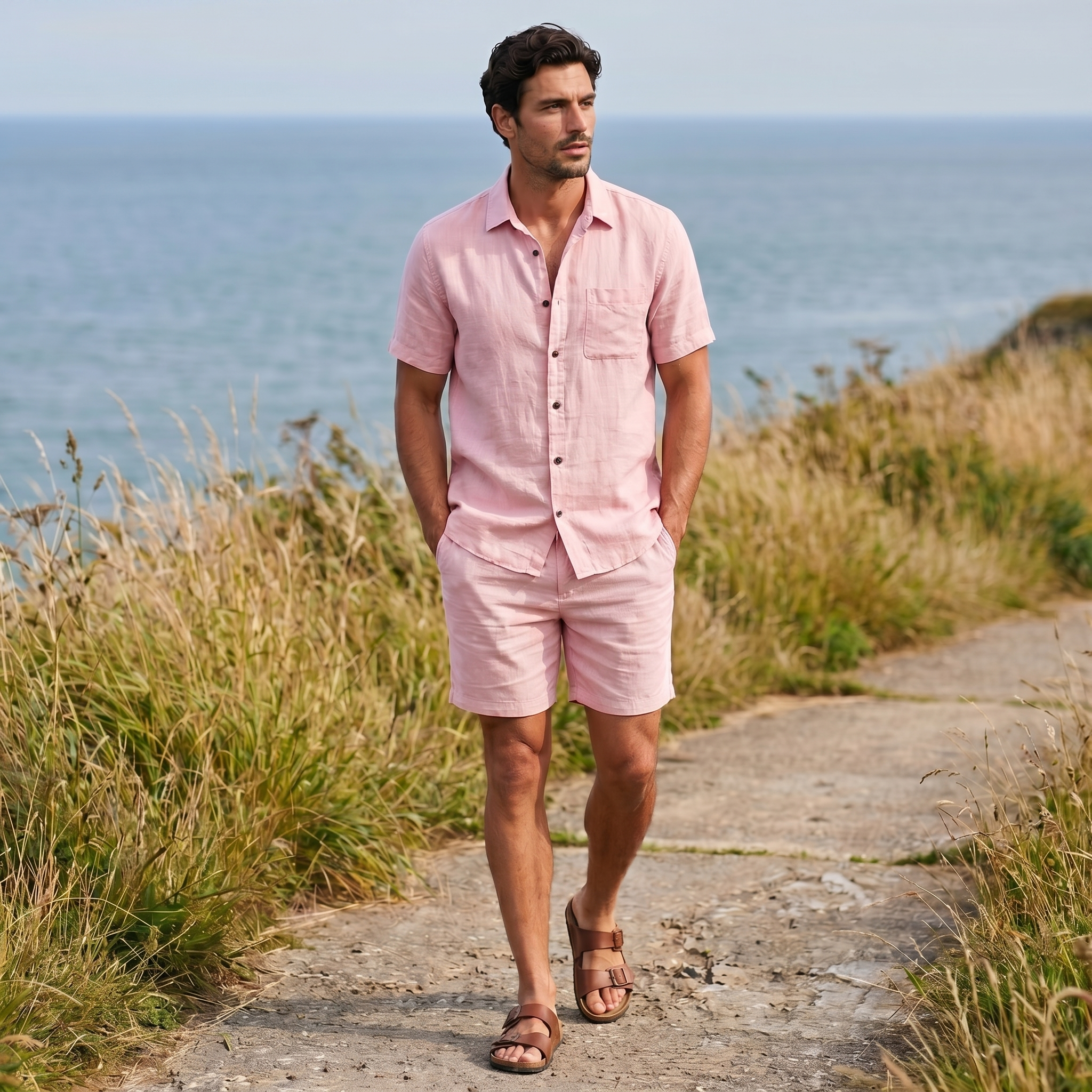 Men's summer two-piece matching set in light pink featuring short-sleeve button shirt and coordinating trousers