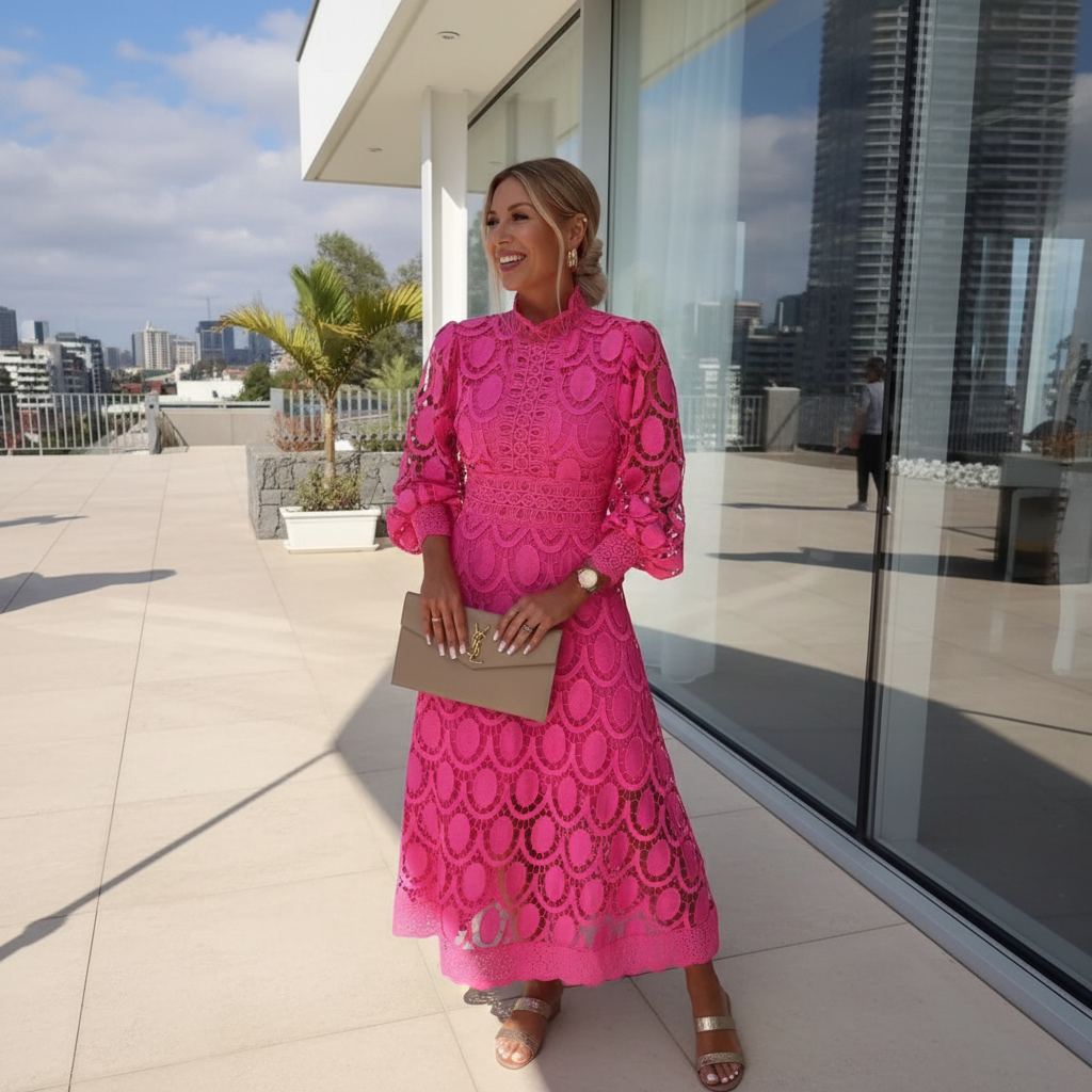 Lace fabric long sleeve dress featuring scalloped pattern and midi length for women