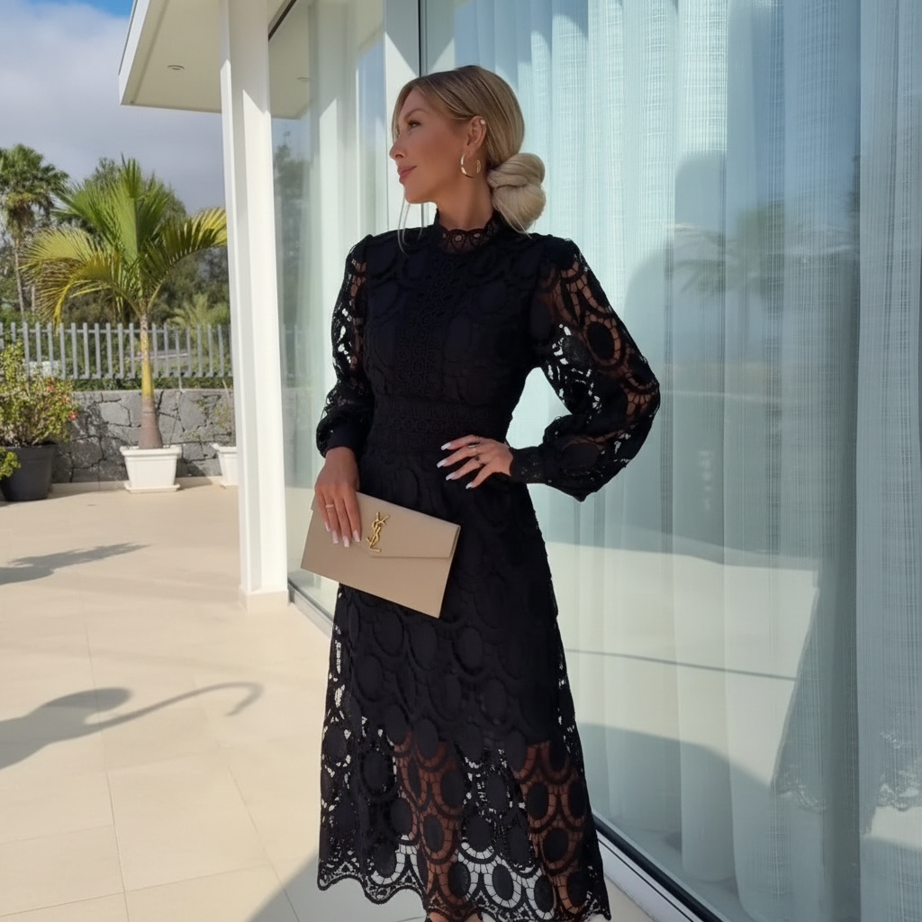 Lace fabric dress with high neckline and fitted bodice in a midi women’s fit
