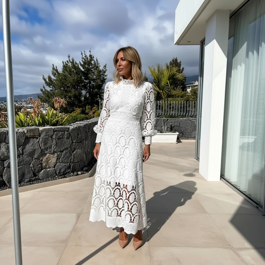 Lace fabric midi dress with long sleeves and fitted waist in a structured women’s style