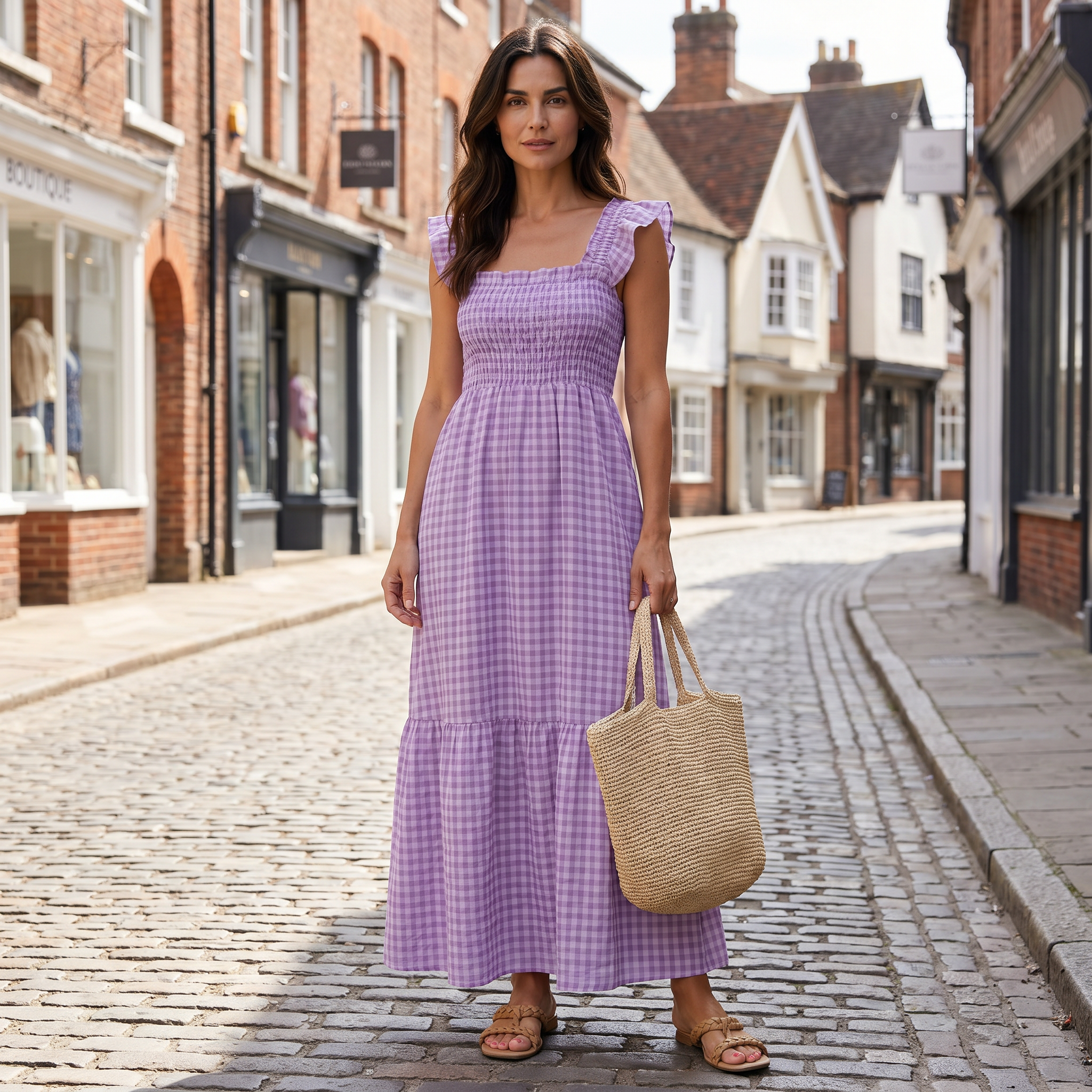Women's purple plaid flounce smocked dress with elastic closure, casual wear
