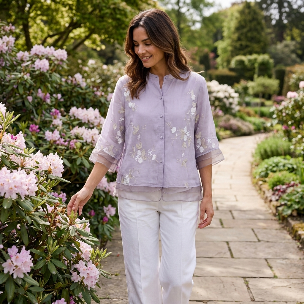 Women's button fastening blouse showcasing garment details