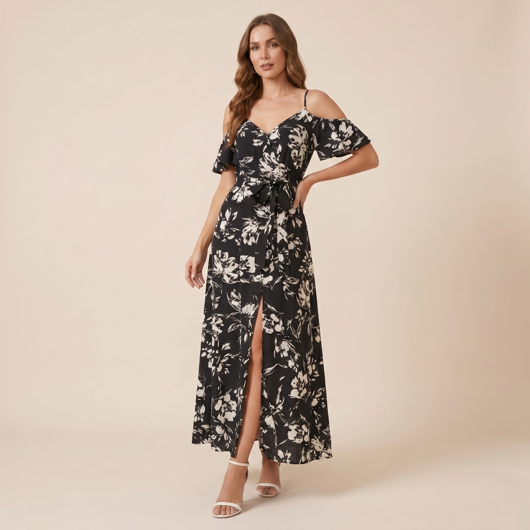Angled front view of floral wrap dress