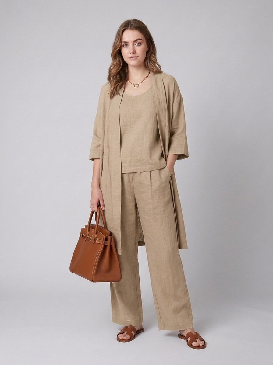 Sleeveless top and trouser set with cardigan
