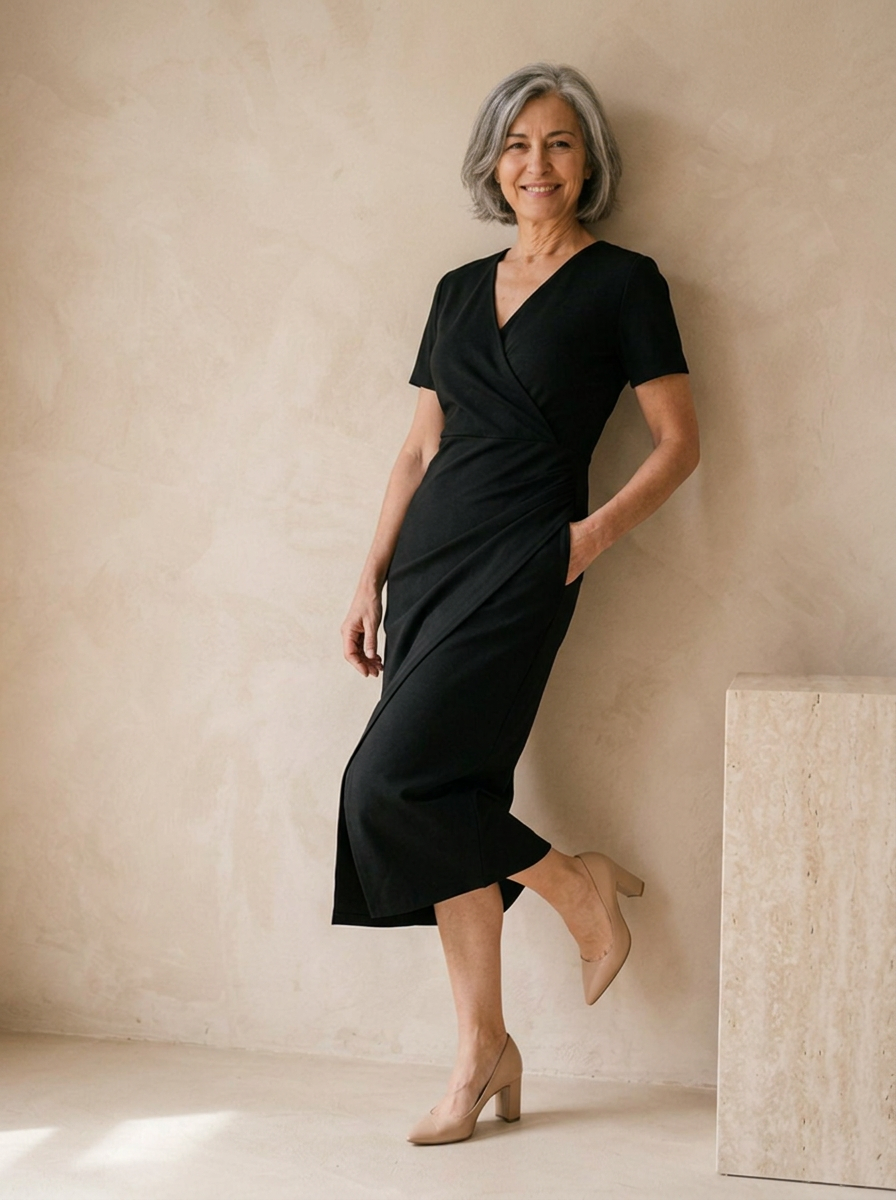 Short sleeve wrap midi dress with a flattering silhouette
