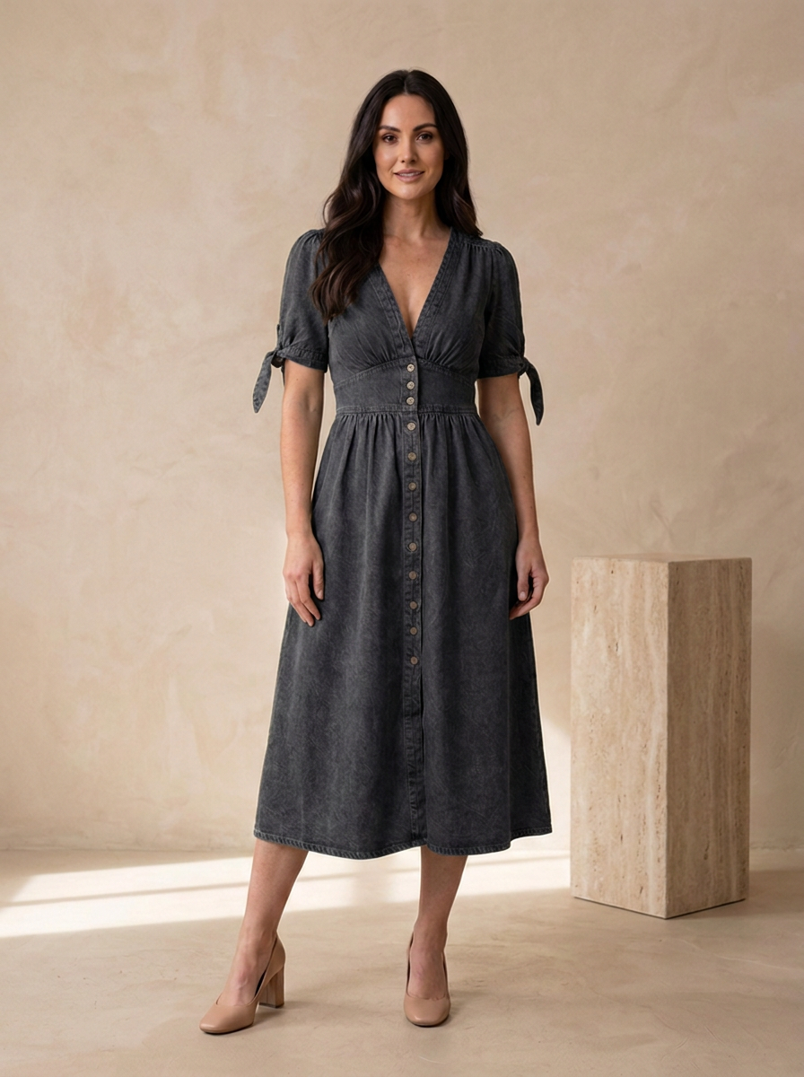 Midi denim dress with a classic button front