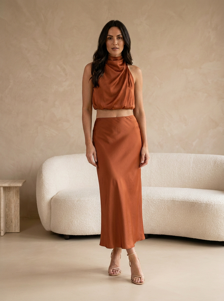 Women's elegant satin top and skirt set