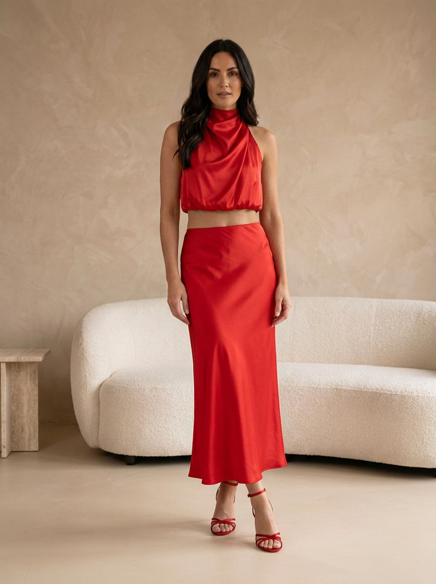 Satin skirt set with a flattering fitted silhouette