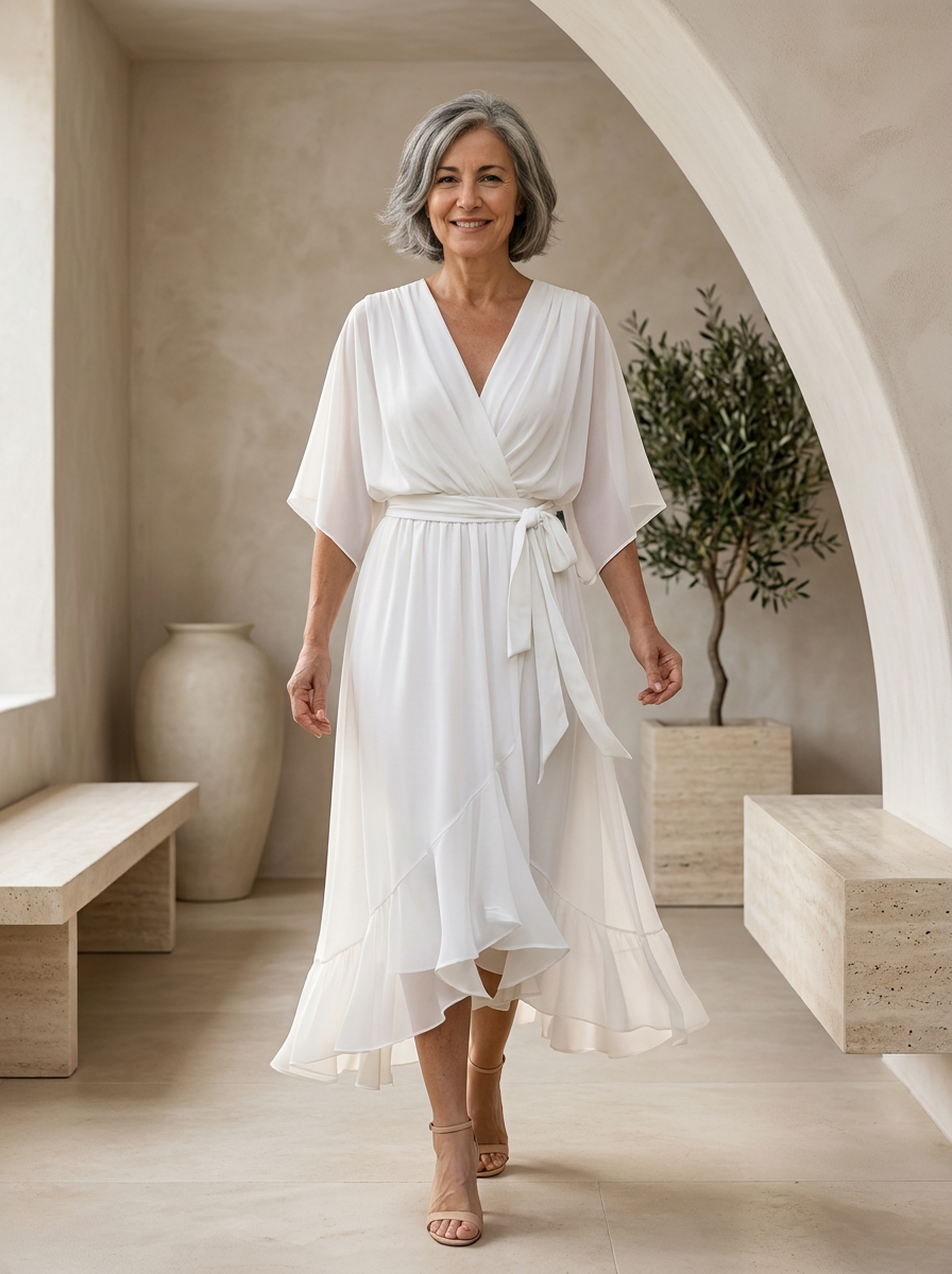 Chiffon Midi Dress V Neck Women