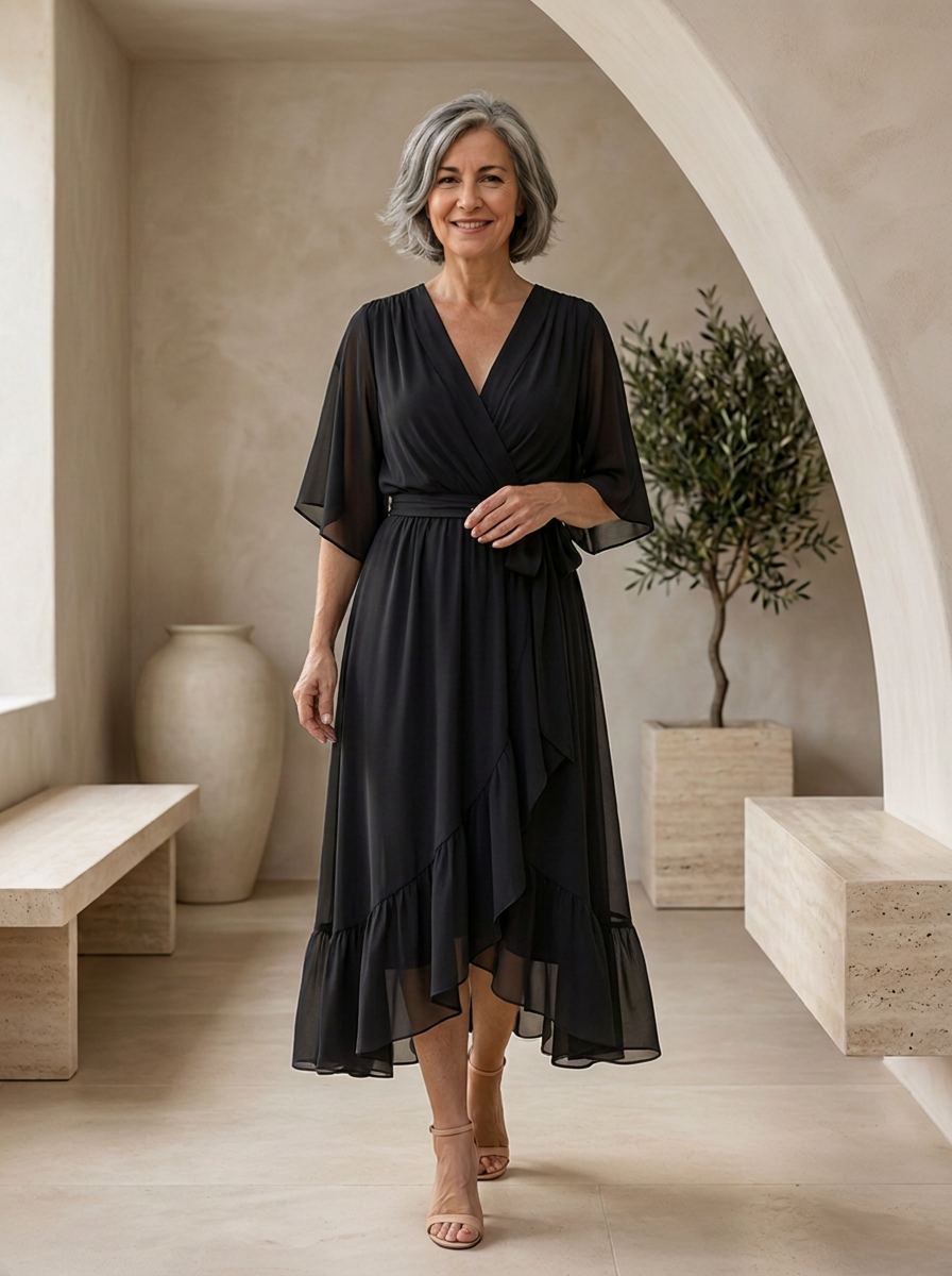 Elegant V neck midi dress with a flattering fit