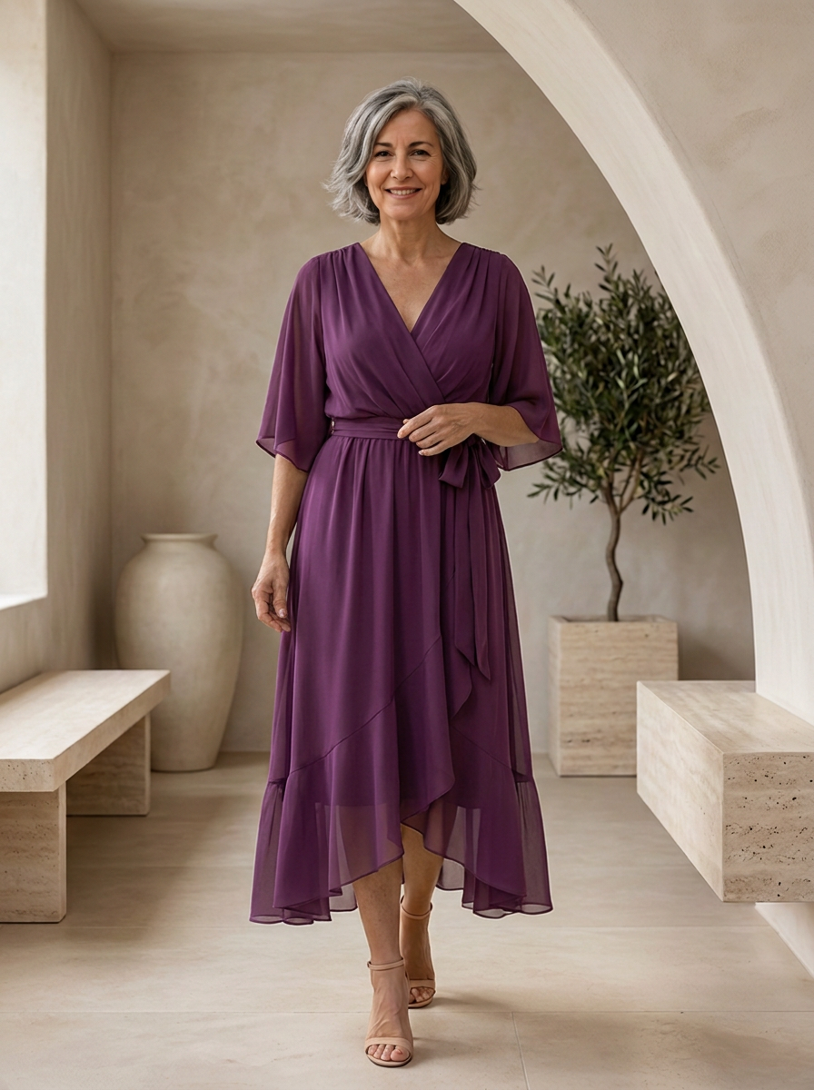 V neck dress with a graceful midi length