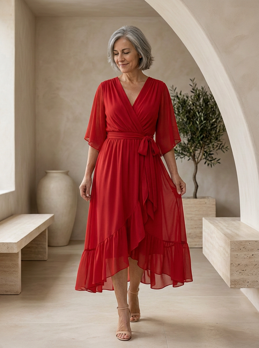 Elegant chiffon midi dress with a timeless silhouette