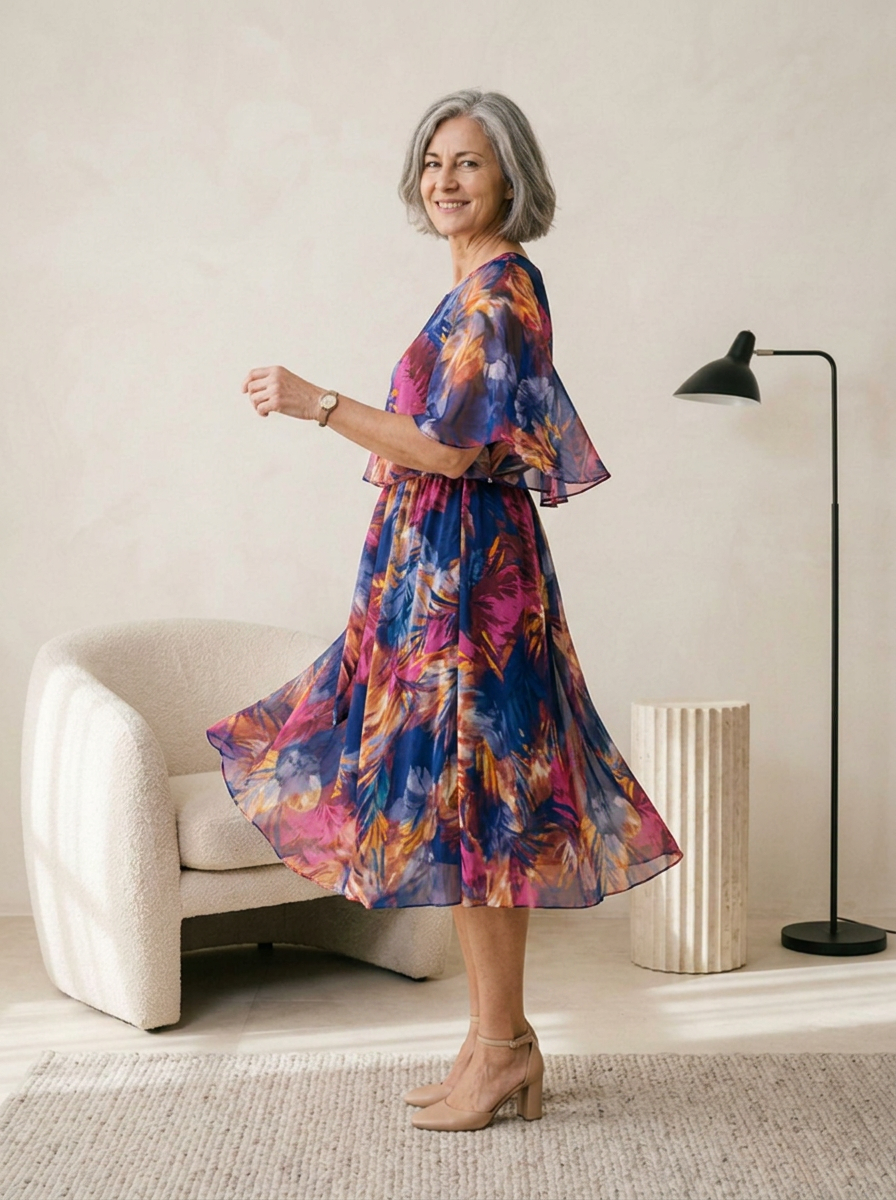 Flowing chiffon dress for travel and everyday wear