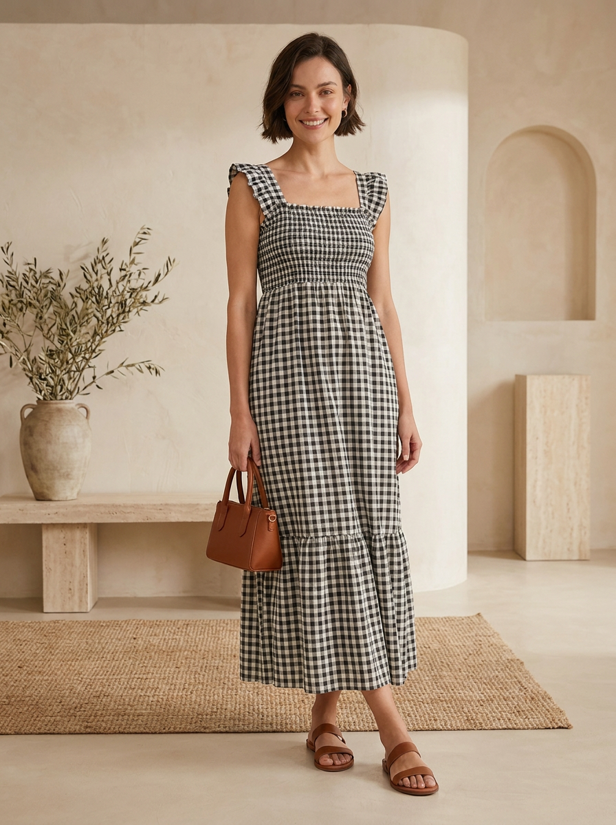 Plaid flounce dress with an elastic fit