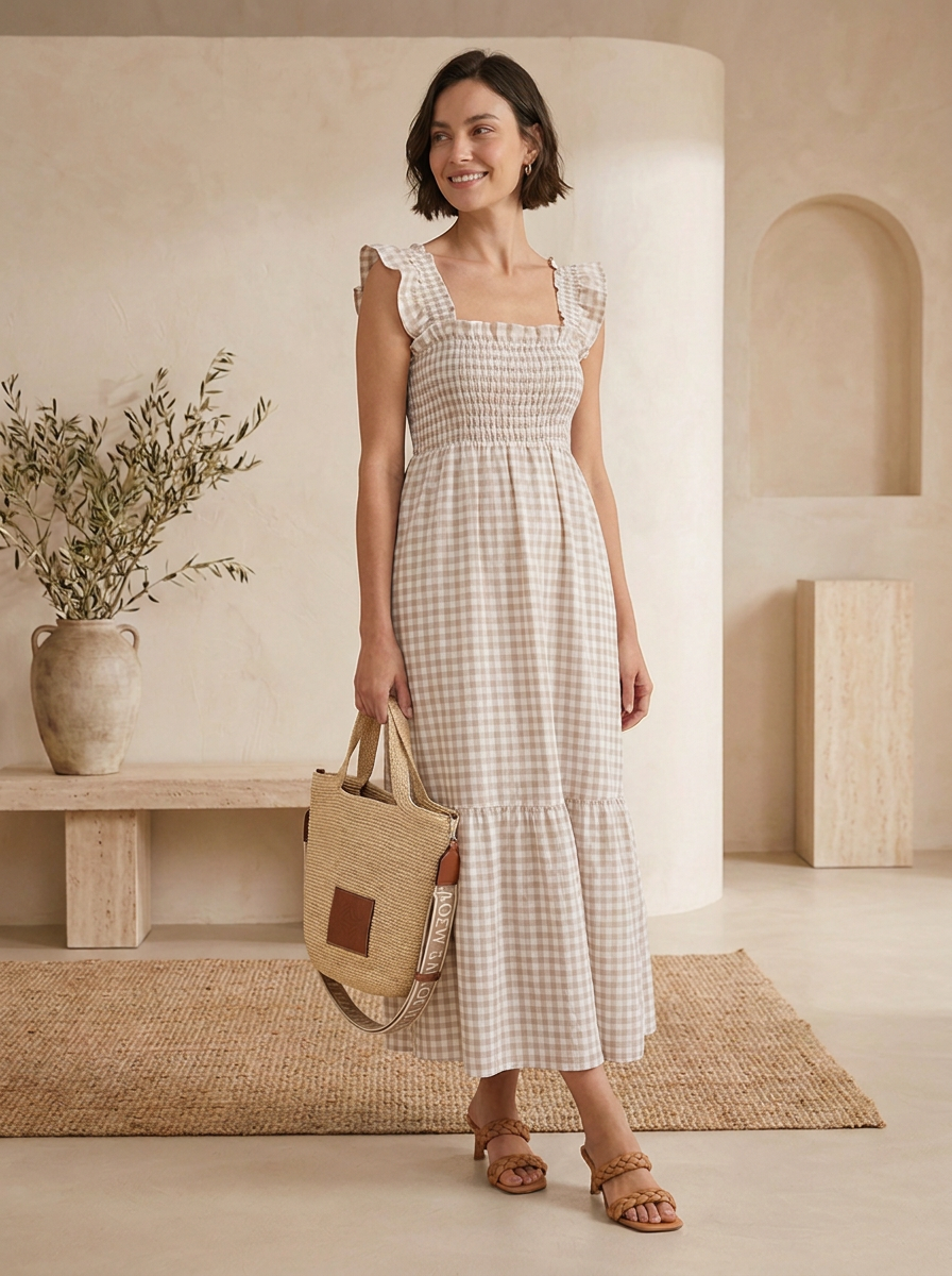 Elastic fit dress with a timeless plaid pattern