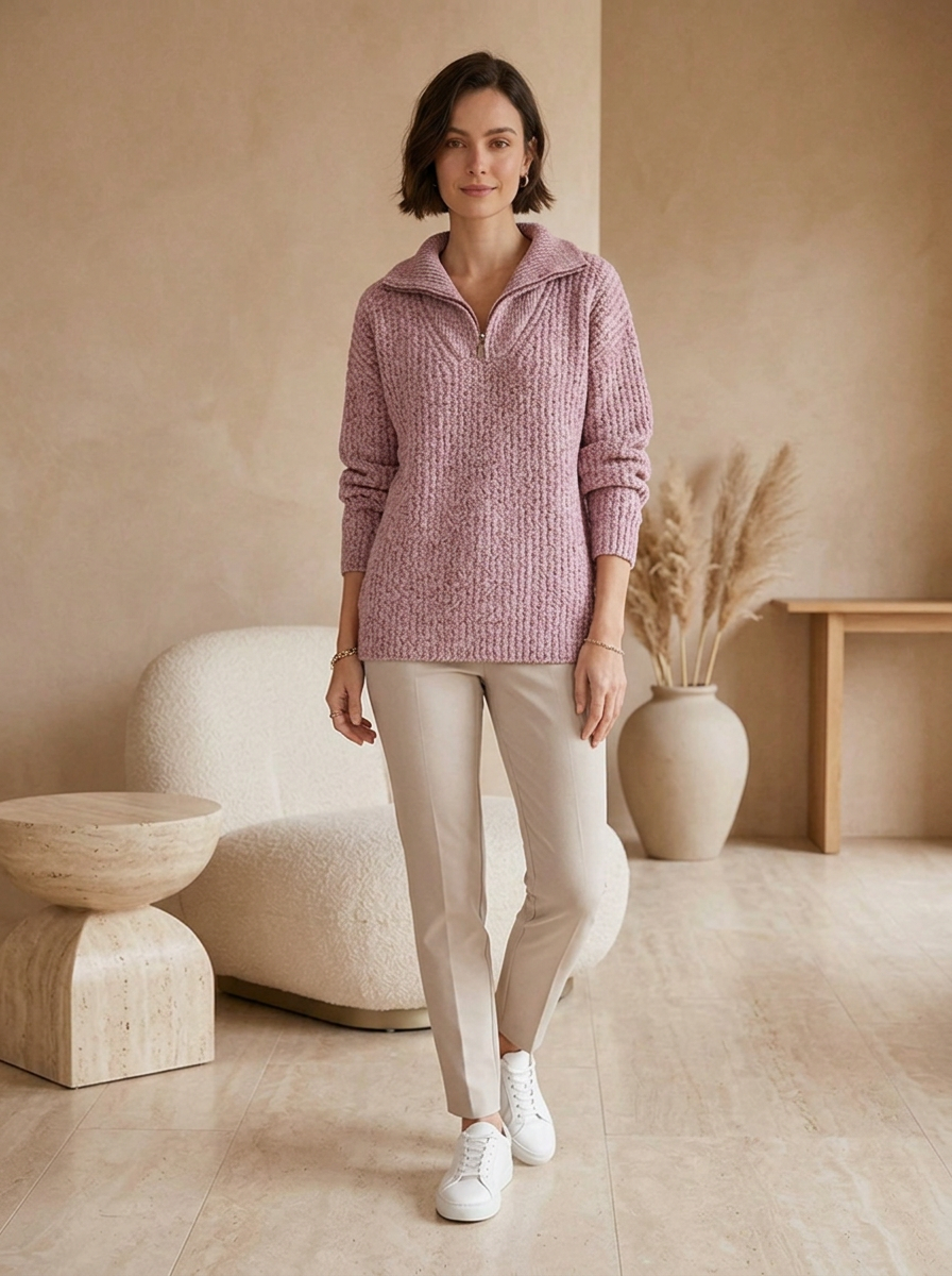 Warm wool blend jumper with a half zip neckline